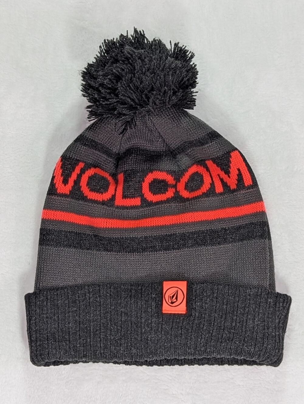 Volcom Montane Beanie Hat Knit Striped Pom Black Gray DayGlow Pink Skater Grunge